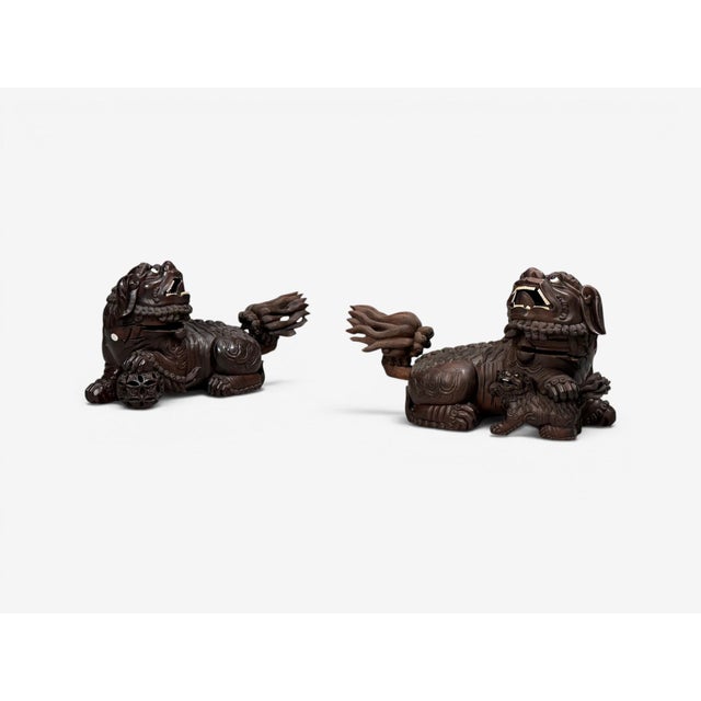 Chinese Export, Opposing Foo Dogs, Solid Teakwood, Glass, China, 19th C. For Sale - Image 4 of 18