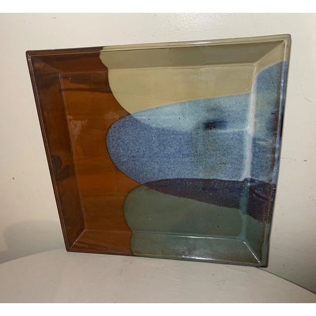 Ceramic Large Vintage Handmade John Shedd Square Pottery Gazed Centerpiece Dish Platter For Sale - Image 7 of 13