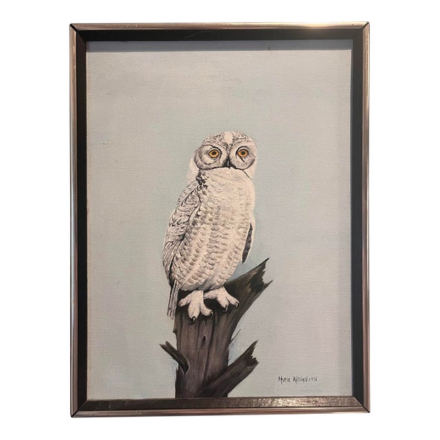Vintage Owl Painting by Marie Killian, Signed and Dated 1976 For Sale