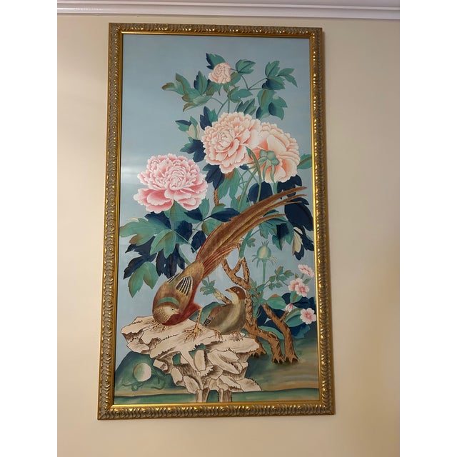 Chelsea House Inc 1990s Chinoiserie Oil on Silk Painting of Birds With Lotus Blooms by Chelsea - a Pair For Sale - Image 4 of 18