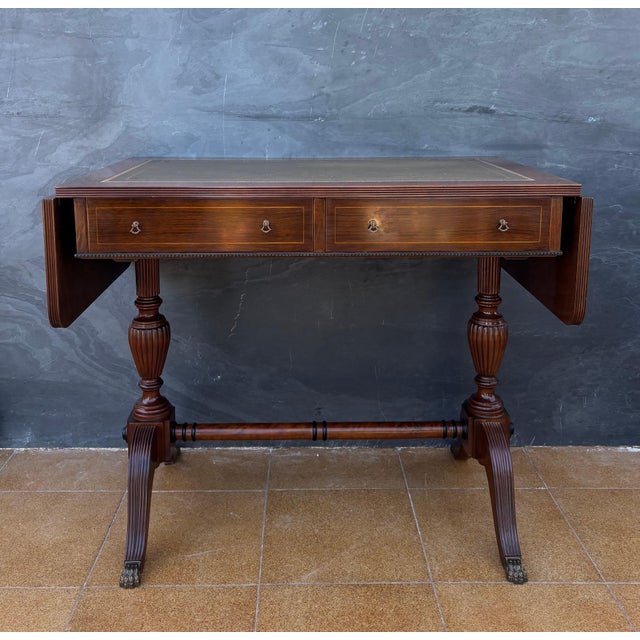 Brown Spanish Regency Revival Drop-Leaf Writing Table with Leather Top, 1940s For Sale - Image 8 of 15