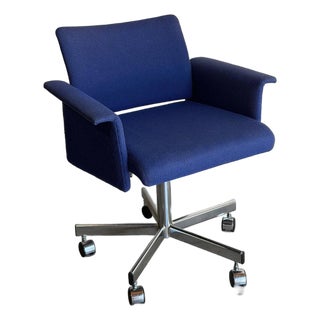 Blue Upholstered Swivel Office Chair With Metal Base Mid-Century Modern 1970s For Sale