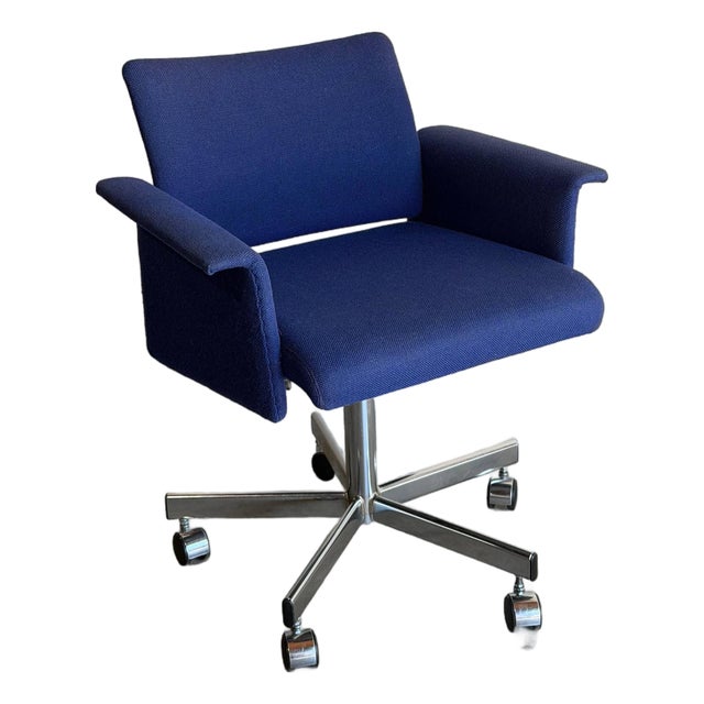 Blue Upholstered Swivel Office Chair With Metal Base Mid-Century Modern 1970s For Sale