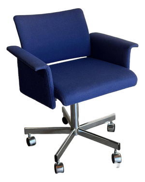 Blue Upholstered Swivel Office Chair With Metal Base Mid-Century Modern 1970s