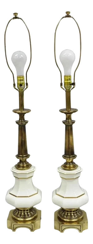 Vintage Stiffel Empire Style Burnished Brass & Porcelain Table Lamps (A) - Pair