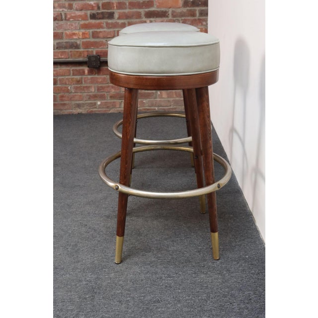 Wood Pair of Mid-Century Modern Walnut and Brass Bar Stools With New Leather Seats For Sale - Image 7 of 17