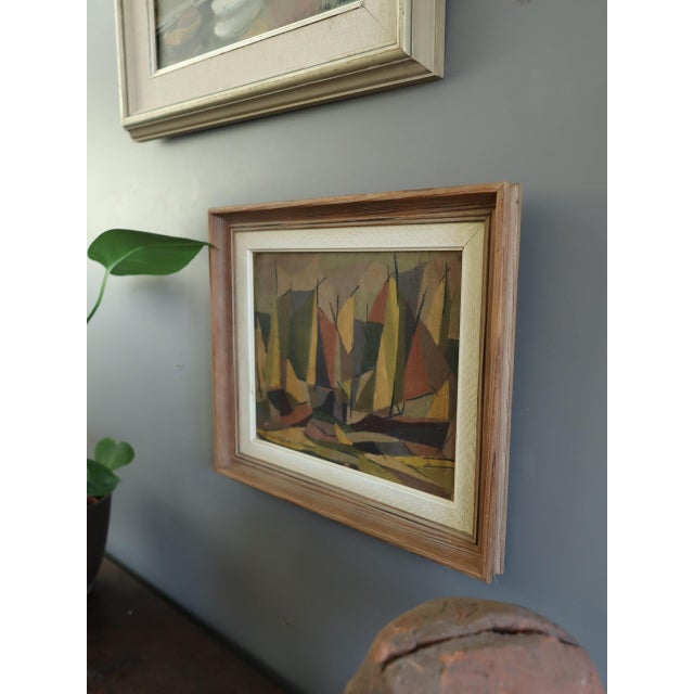 Paint 1955 Mid-Century Modern 'Woodland Rhythm' Vintage Swedish Abstract Cubist Landscape Oil Painting, Framed For Sale - Image 7 of 11