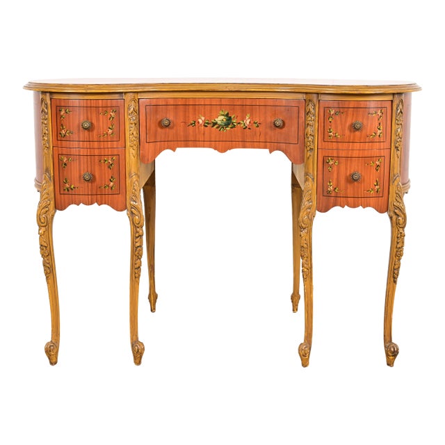 Romweber Style French Provincial Louis XV Carved Satinwood and Parcel Painted Kidney Shaped Vanity, Circa 1920s For Sale