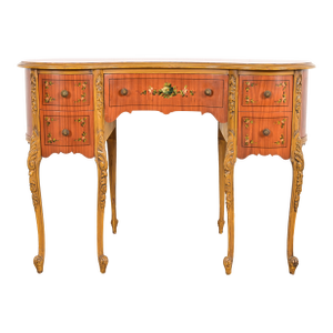 Romweber Style French Provincial Louis XV Carved Satinwood and Parcel Painted Kidney Shaped Vanity, Circa 1920s