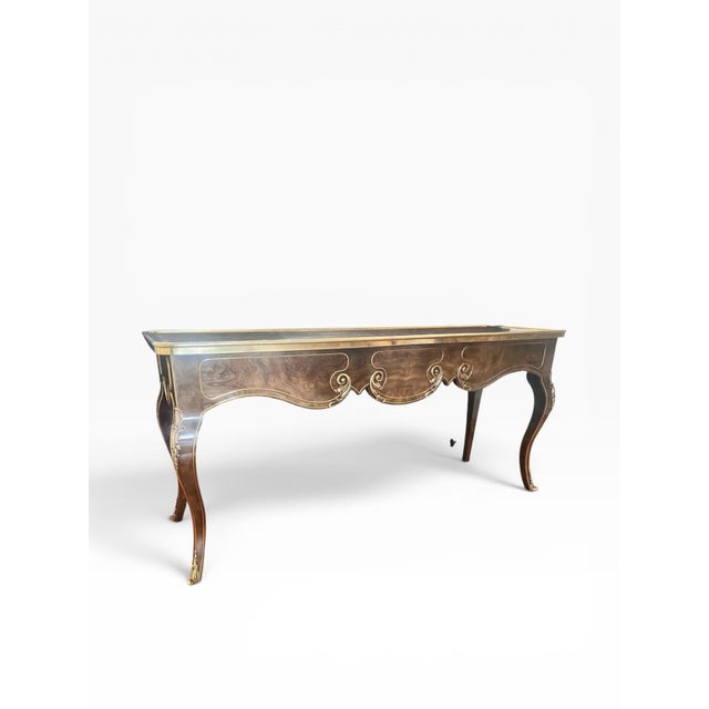 Hollywood Regency 1970s Hollywood Regency Mastercraft Style Burled Walnut & Brass Console Table For Sale - Image 3 of 14