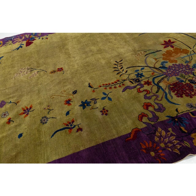 Antique 1920s Art Deco Chinese Rug in Chartreuse Olive and Imperial Violet 9x12 For Sale - Image 4 of 12