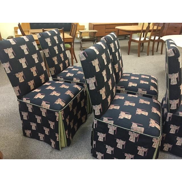 Gorgeous Parson style custom chairs with Asian upholstery, skirted bottom with silk inner lining. Unique textured kimono...