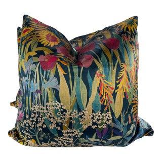 Liberty of London “Faria Flowers Velvet” in Lichen 22” Pillows-A Pair For Sale