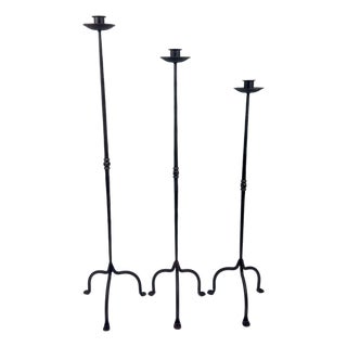 Hand Forged Iron Candelabra Set of 3 (94-114cm) Antique Copper Finish Twisted Stem with Simple Tripod Base For Sale