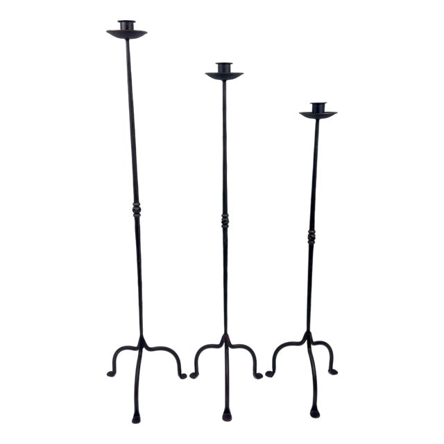 Hand Forged Iron Candelabra Set of 3 (94-114cm) Antique Copper Finish Twisted Stem with Simple Tripod Base For Sale