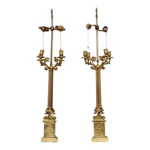 Vintage Neoclassical Bronze Candelabra Lamps - A Pair