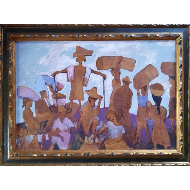 A striking and atmospheric Social Realism / WPA-era composition depicting agricultural workers and laborers in rich earth...