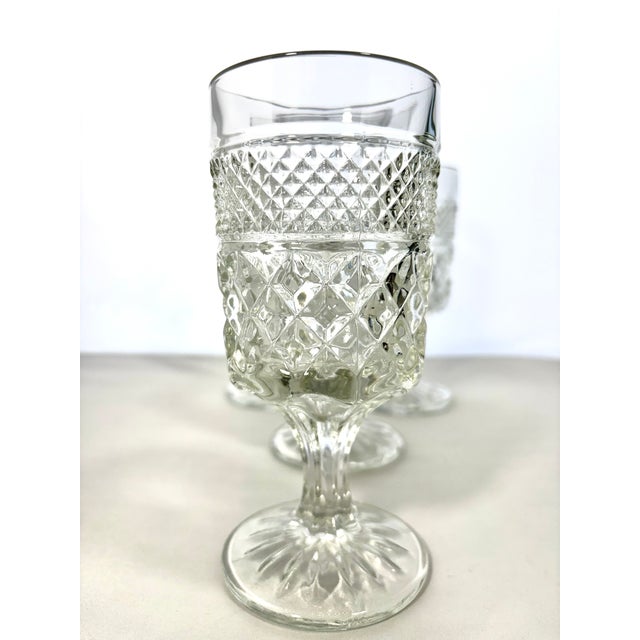 Vintage 1960's Anchor Hocking Wexford Pressed Cut Glass Water Goblets. This set of (4) feature a diamond and fan or criss...