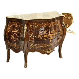 The Gilded Botanica – French Rococo Commode With Ivory Marble Top, Floral Marquetry & Ornate Gold Accents For Sale