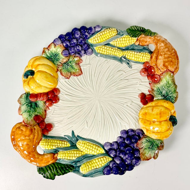 1993 Vintage Majolica Arts & Crafts Americana Boho Chic Fitz & Floyd Fall Harvest Platter For Sale - Image 6 of 11