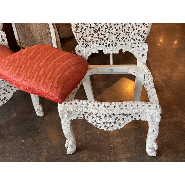 Late 19th Century Pair of Painted White Burmese Carved Side Chairs For Sale - Image 9 of 14