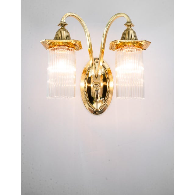 Art Deco Double Light Brass Wall Lamps with Glass Sticks, Vienna, Austria, 1920s, Set of 2 For Sale - Image 11 of 18