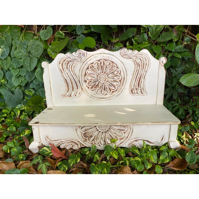French country distressed white washed finished with beautiful flowers carving details, low to the ground and ready for...