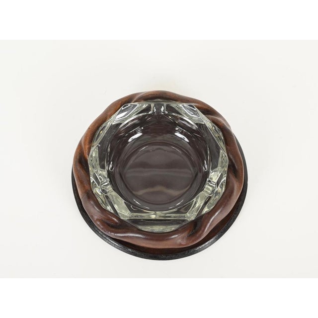 Brown Adnet Brown Curved Leather and Crystal Glass Ashtray, 1950s For Sale - Image 8 of 15
