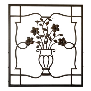 French Decorative Iron Wall Sculpture with Urn and Floral Motif, 1940s For Sale
