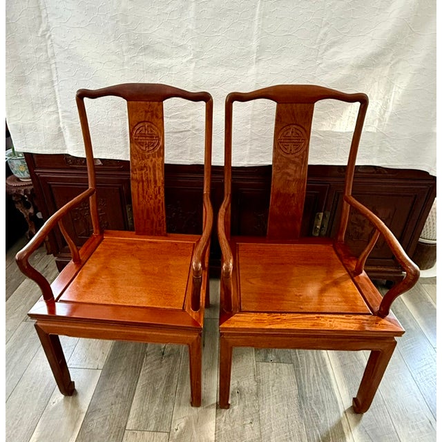 1970s Chinese Soild Rosewood Chinese Longevity Oval Dining Set 7 Piece For Sale - Image 16 of 18