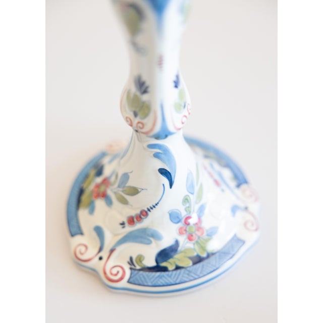 Paint Vintage Tall Dutch Delft Faience Polychrome Floral Candlesticks - A Pair For Sale - Image 7 of 10