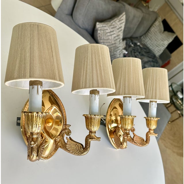 Pair French Empire Style Brass Swan Wall Sconces For Sale - Image 4 of 15