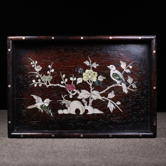 Late 20th Century Dark Wood Tea Tray With Mother-of-Pearl Bird and Floral Inlay For Sale - Image 4 of 10