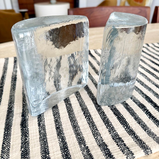 Pair Mid Century Modern Blenko Half Moon Clear Glass Bookends by Wayne Husted For Sale - Image 9 of 12