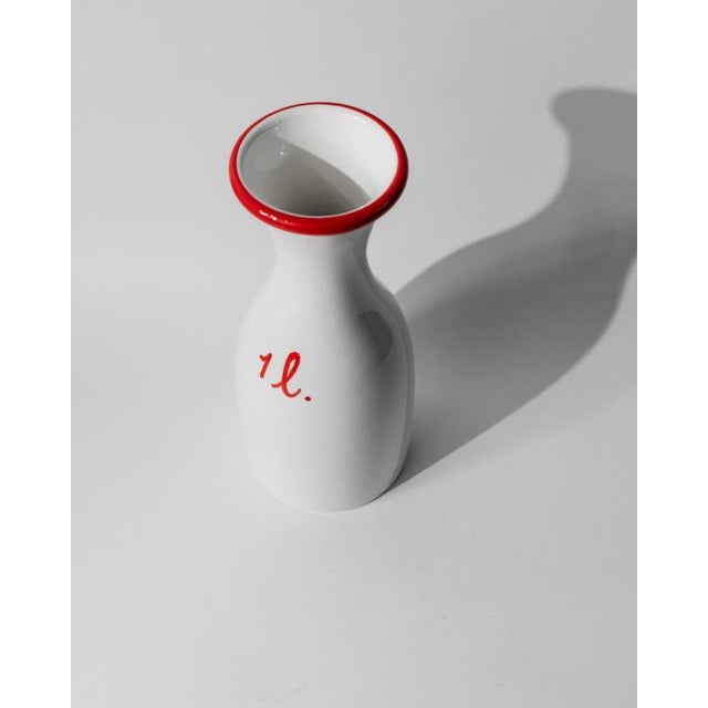 Red Italian Handmade White Ceramic Jug with Red Rim and Details, 1970s For Sale - Image 8 of 11