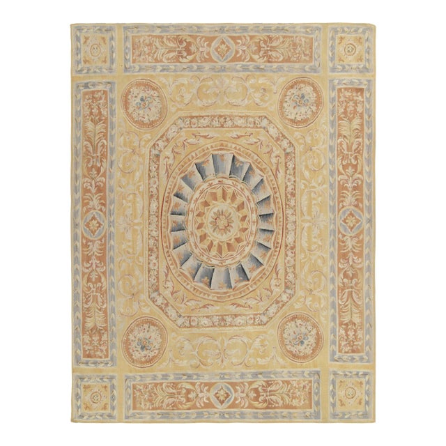 Aubusson Style Flatweave Rug in Gold, Beige-Brown & Blue Florals by Rug & Kilim For Sale