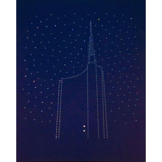 DEL BUDA Beyond mixed media and Swarovski crystals on canvas Hand signed on the back The representation of Torre Pelli in...