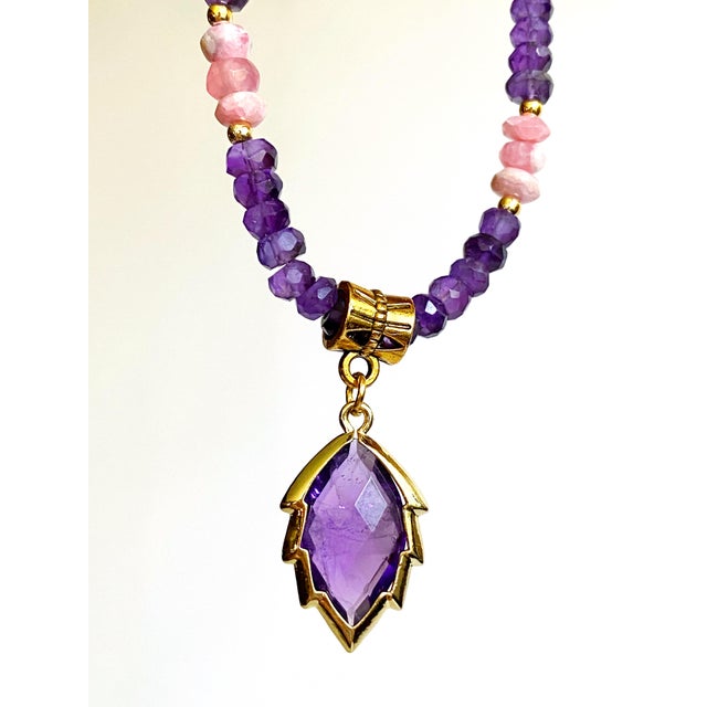 Artisan Amethyst Pendant Necklace With Genuine Argentine Rhodochrosite and Gilded Accents For Sale - Image 9 of 18