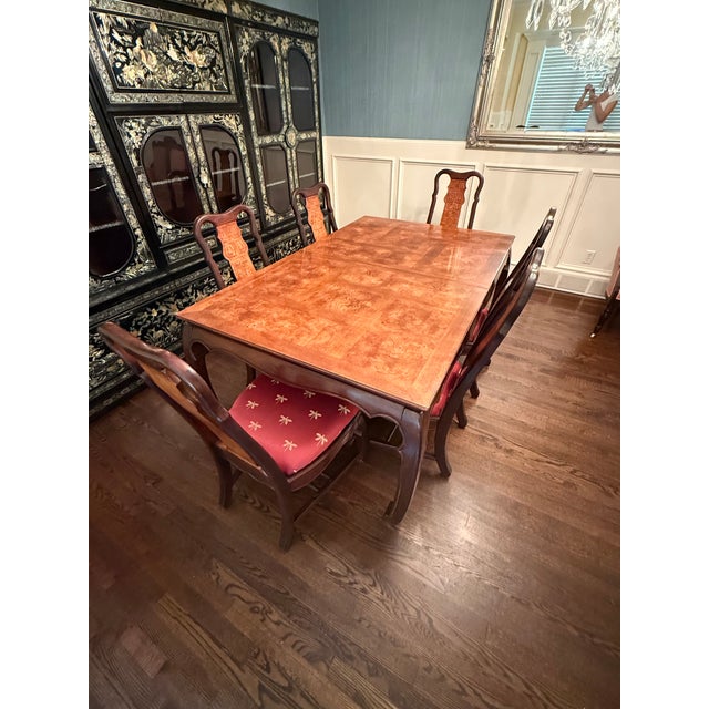 1960s Vintage Asian-Inspired Burl Wood Dining Table & 6 Chairs Set For Sale - Image 5 of 8