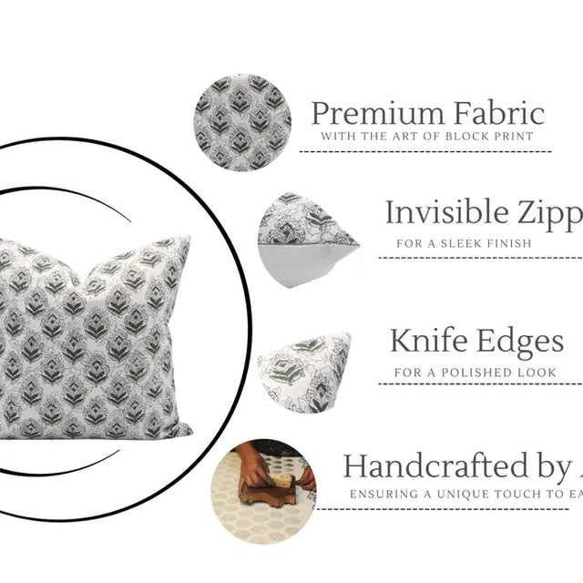 Fabdivine Handmade Block Printed Cushion Cover 20x20 Inch Pure White Linen- Betal Leaf For Sale - Image 4 of 4