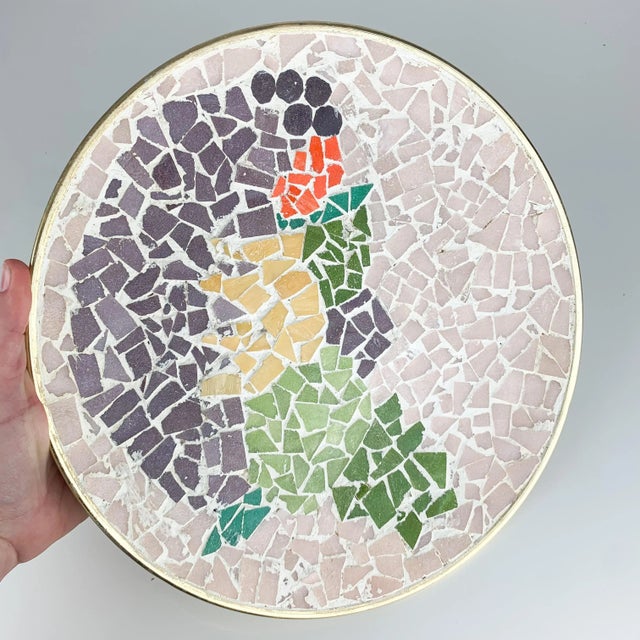 Beautiful vintage one of a kind abstract mosaic bowl. Great textures and colors of grey, purple, yellow, green and blue....