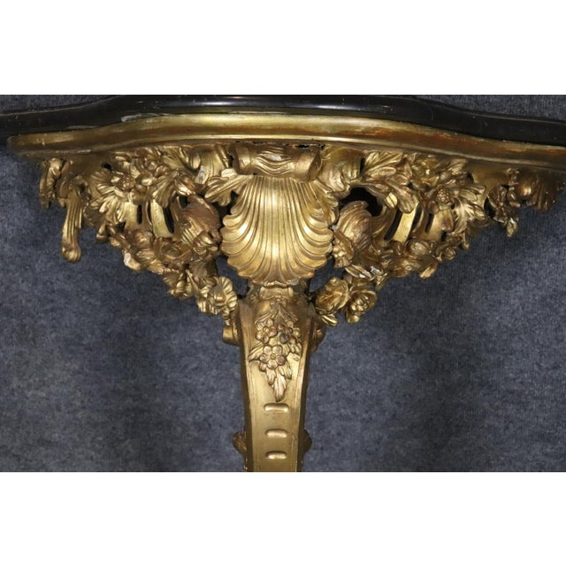 Pair of 18th Century French Rococo Louis XV Carved Gilt Wood Marble Top Consoles For Sale - Image 4 of 9