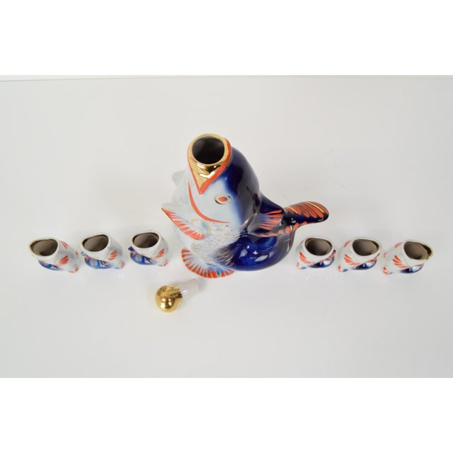 Ceramic Soviet Fish Decanter and Porcelain Shots Glass, 1950s, Set of 7 For Sale - Image 7 of 12