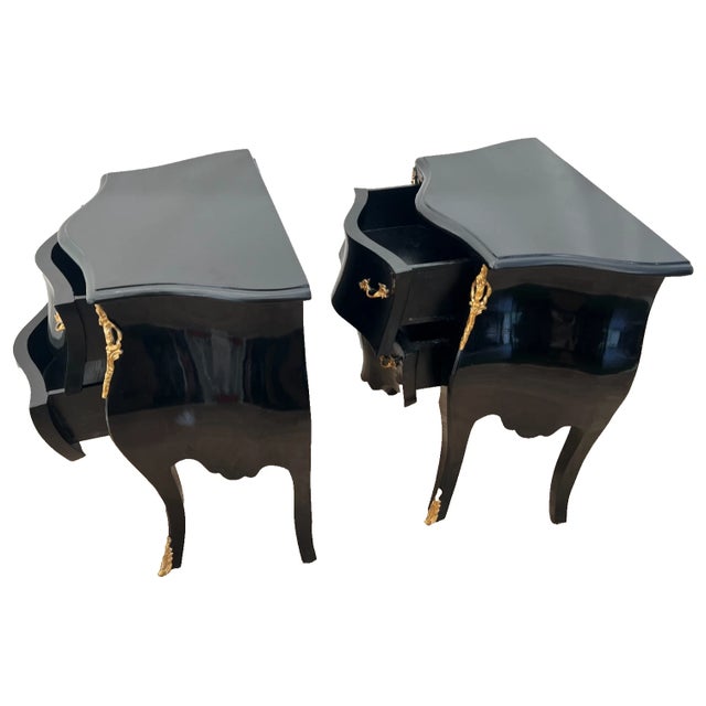 French Vintage Pair French Nightstand Tables Two Drawers Black Lacquer Marble, Ormolu For Sale - Image 3 of 12