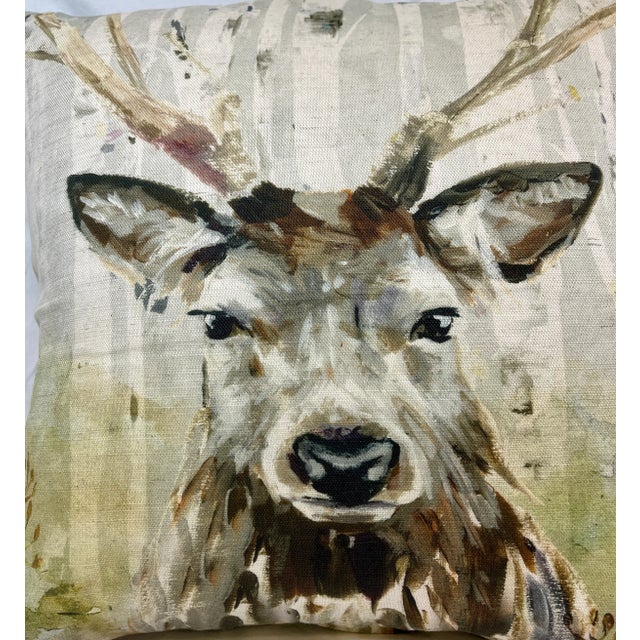 English 16” Square Decorative Throw Pillow Adorned With the Portrait of a Majestic Stag / Deer in a Water Color Look Finish - Made in the U K For Sale - Image 3 of 10