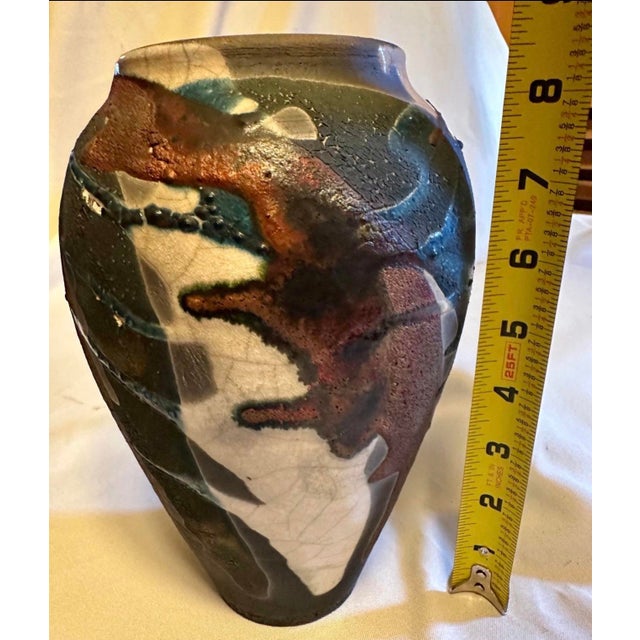 Alex Long Signed Raku Studio Pottery Vase - 8" - Lava & Crackle Glaze (2003) For Sale - Image 4 of 6