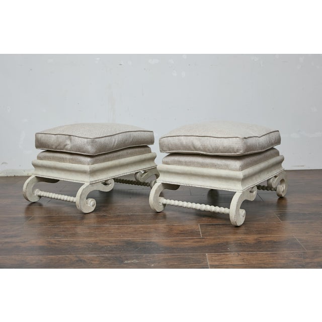 Pair of 1920s Continental Upholstered Ottomans with Carved S-Scroll Bases For Sale - Image 4 of 11