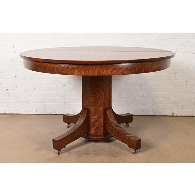 Stickley Brothers Style Antique Mission Oak Arts & Crafts Pedestal Extension Dining Table, Newly Refinished For Sale - Image 12 of 13