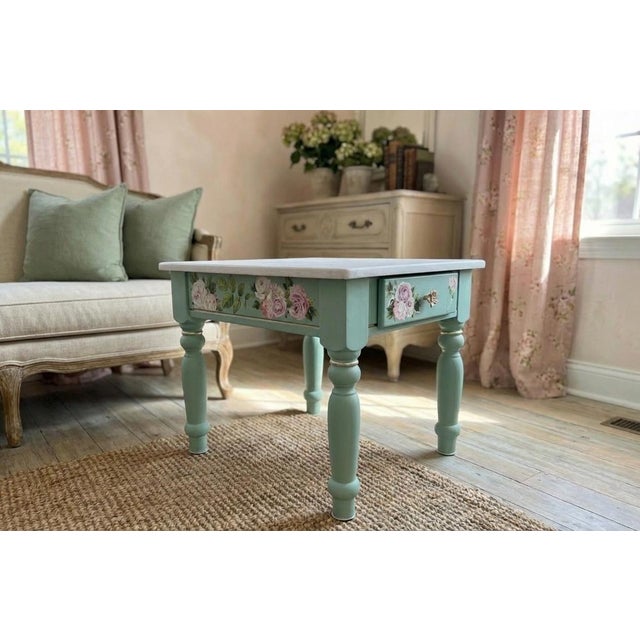 Pair of Hand-Refinished End Tables With Custom Soft Green Finish and Floral Detail For Sale - Image 10 of 10