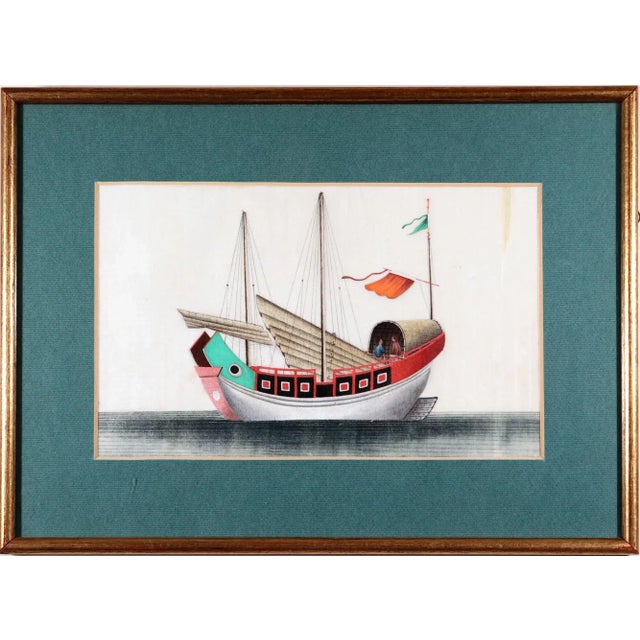 Green Set of Five 19th Century China Trade Watercolors of Junks on Pith Paper For Sale - Image 8 of 12
